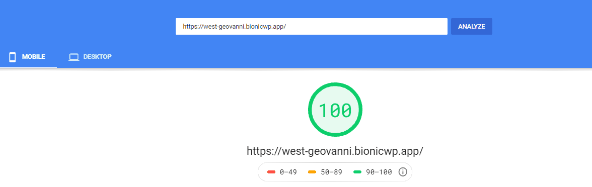BionicWP PageSpeed score