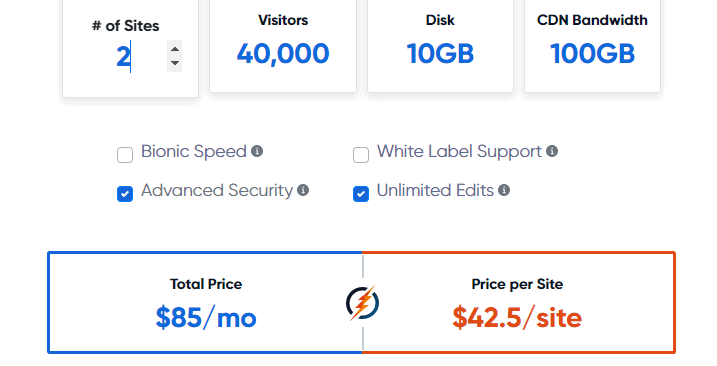 BionicWP pricing for 2 sites
