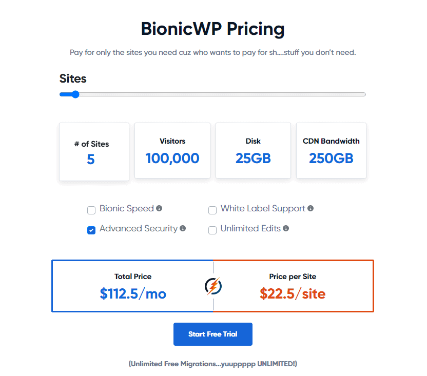 BionicWP pricing for 5 sites