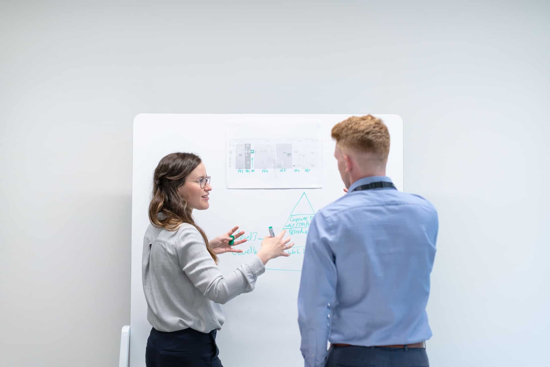 Man and woman in front of whiteboard
