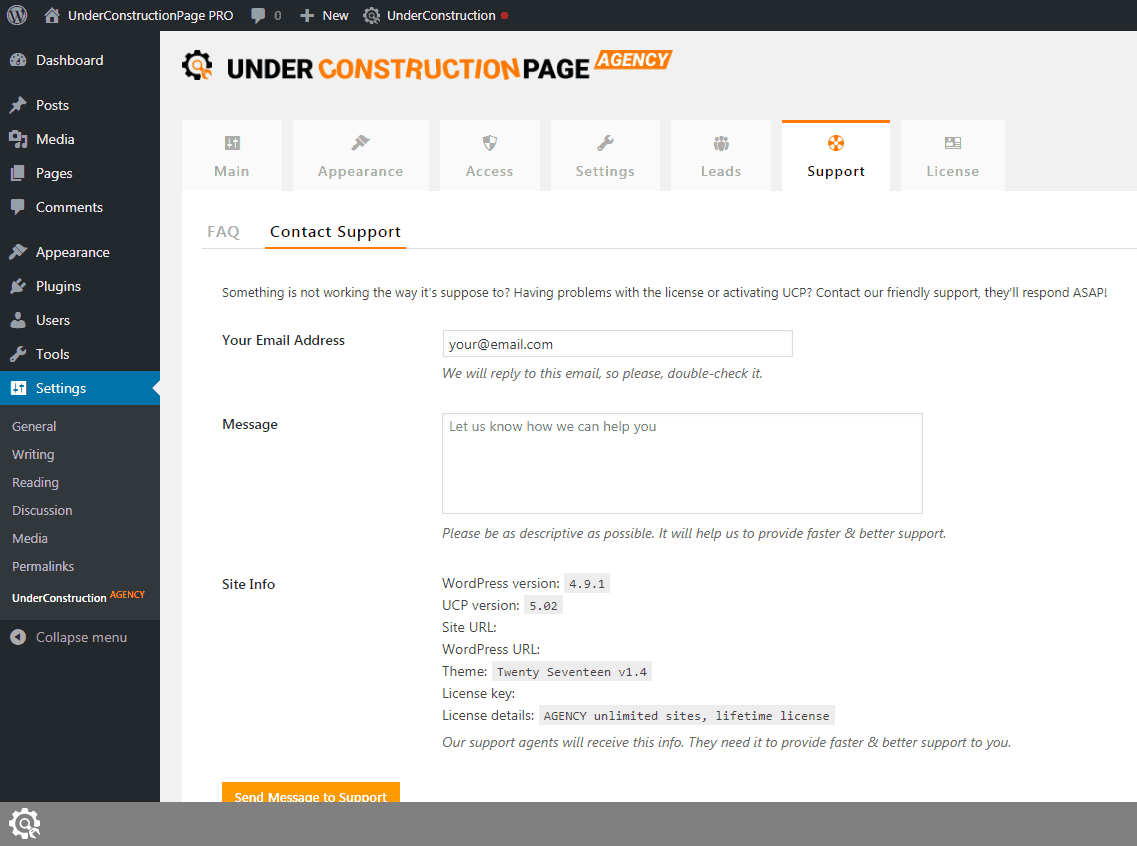 Contacting UnderConstructionPage support
