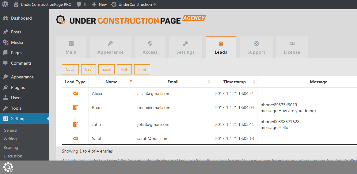 Leads in UnderConstructionPage