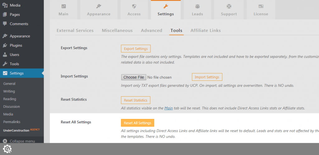 Reset All Settings in UnderConstructionPage