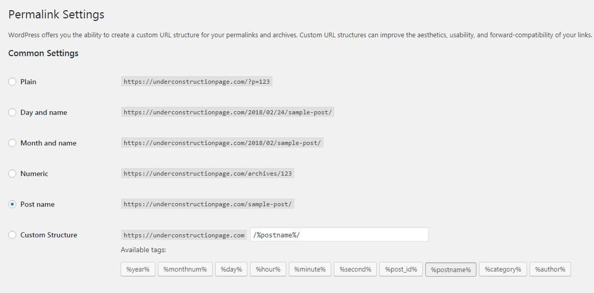 WordPress permalinks settings