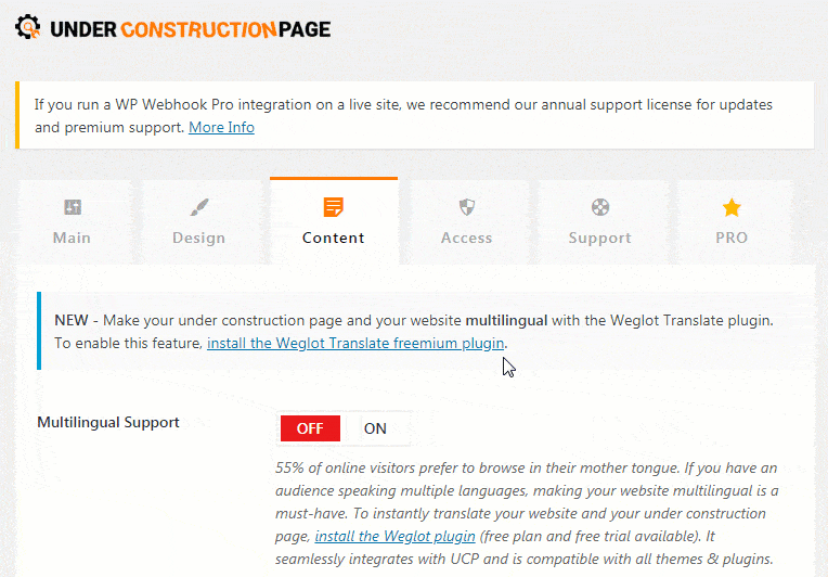 Install Weglot via UnderConstructionPage