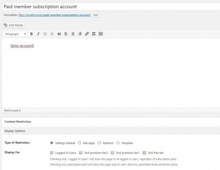 An account form page from the backend