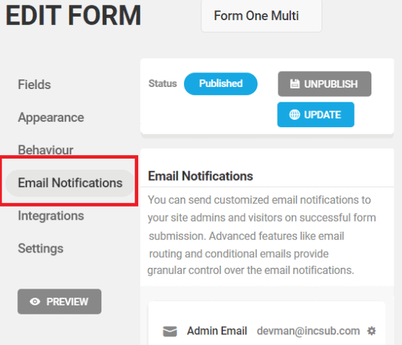 Forminator email settings tab