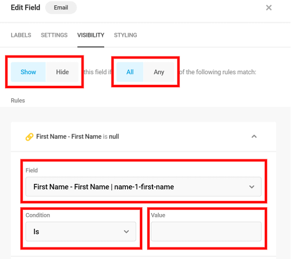 Forminator adding of form rules step 2