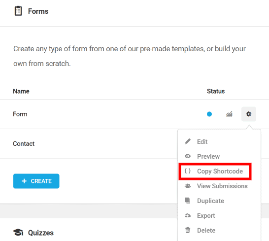 Forminator form shortcode tab