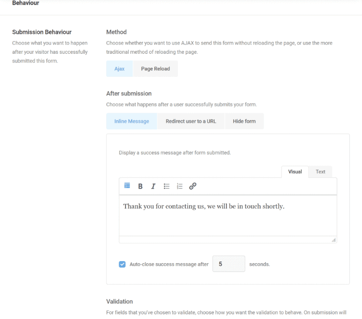 Forminator form submission behavior tab