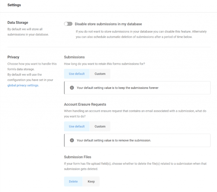 Forminator submissions settings tab