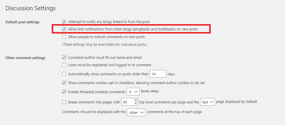 Trackback settings