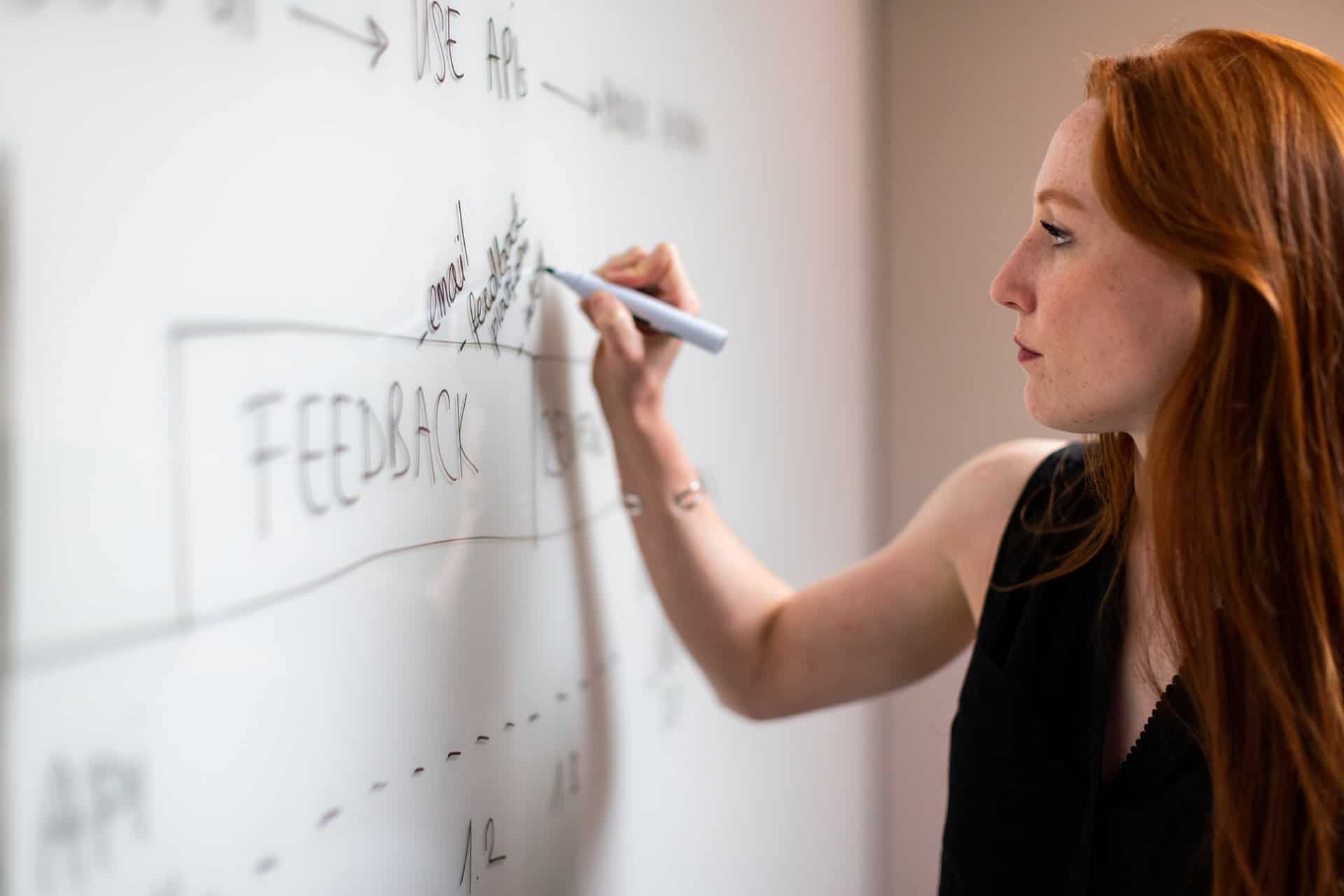 Woman writing on whiteboard