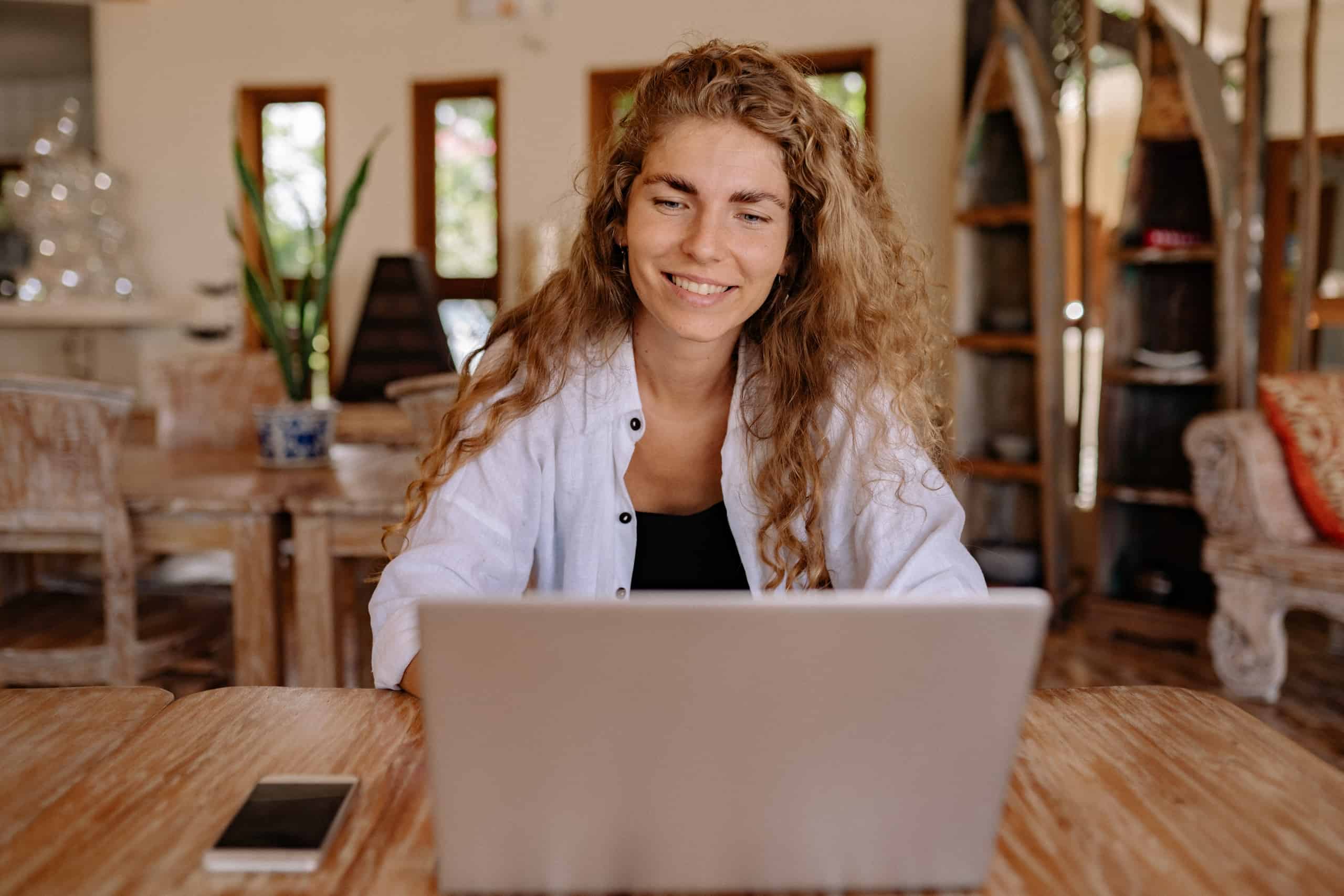 Woman happily browsing 