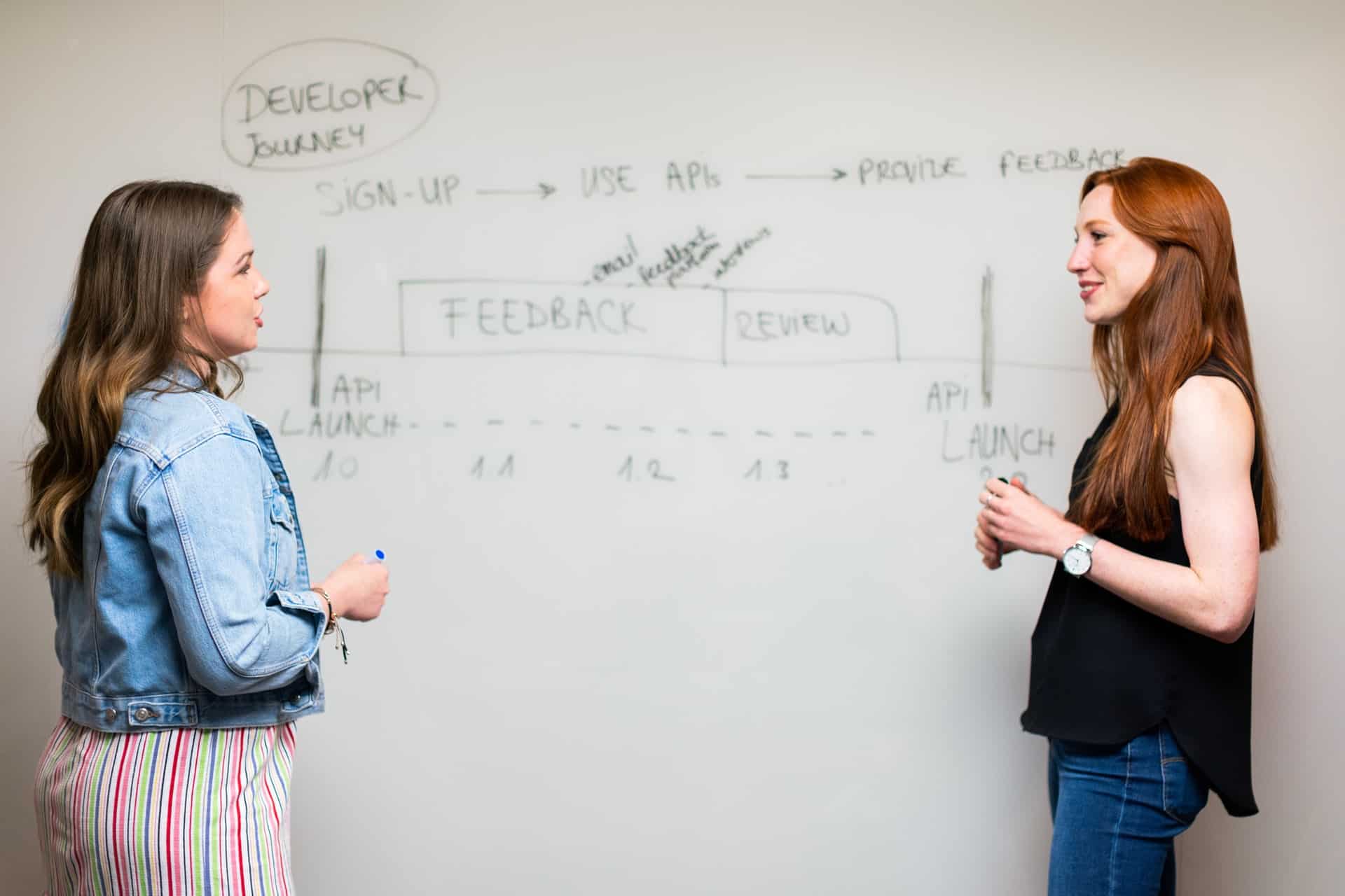 Two women in front whiteboard