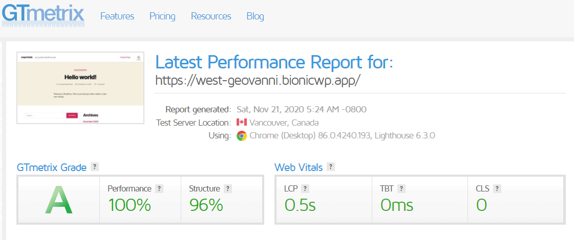 BionicWP GTMetrix test part 2