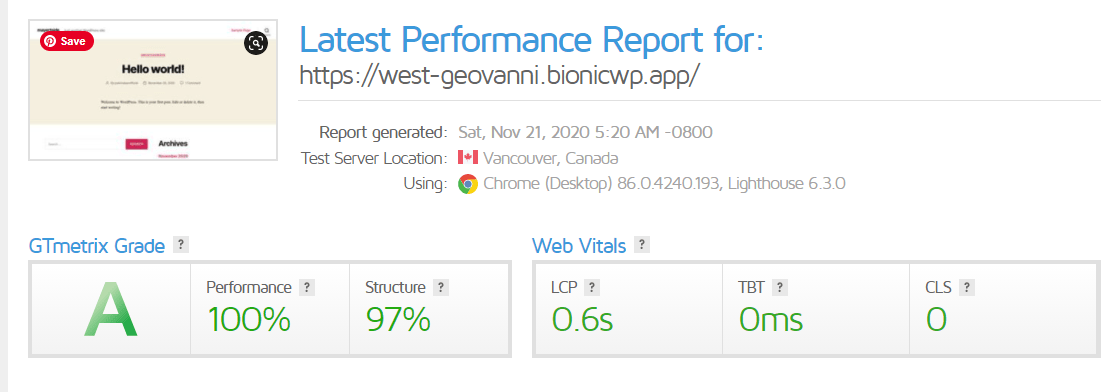 BionicWP GTMetrix test