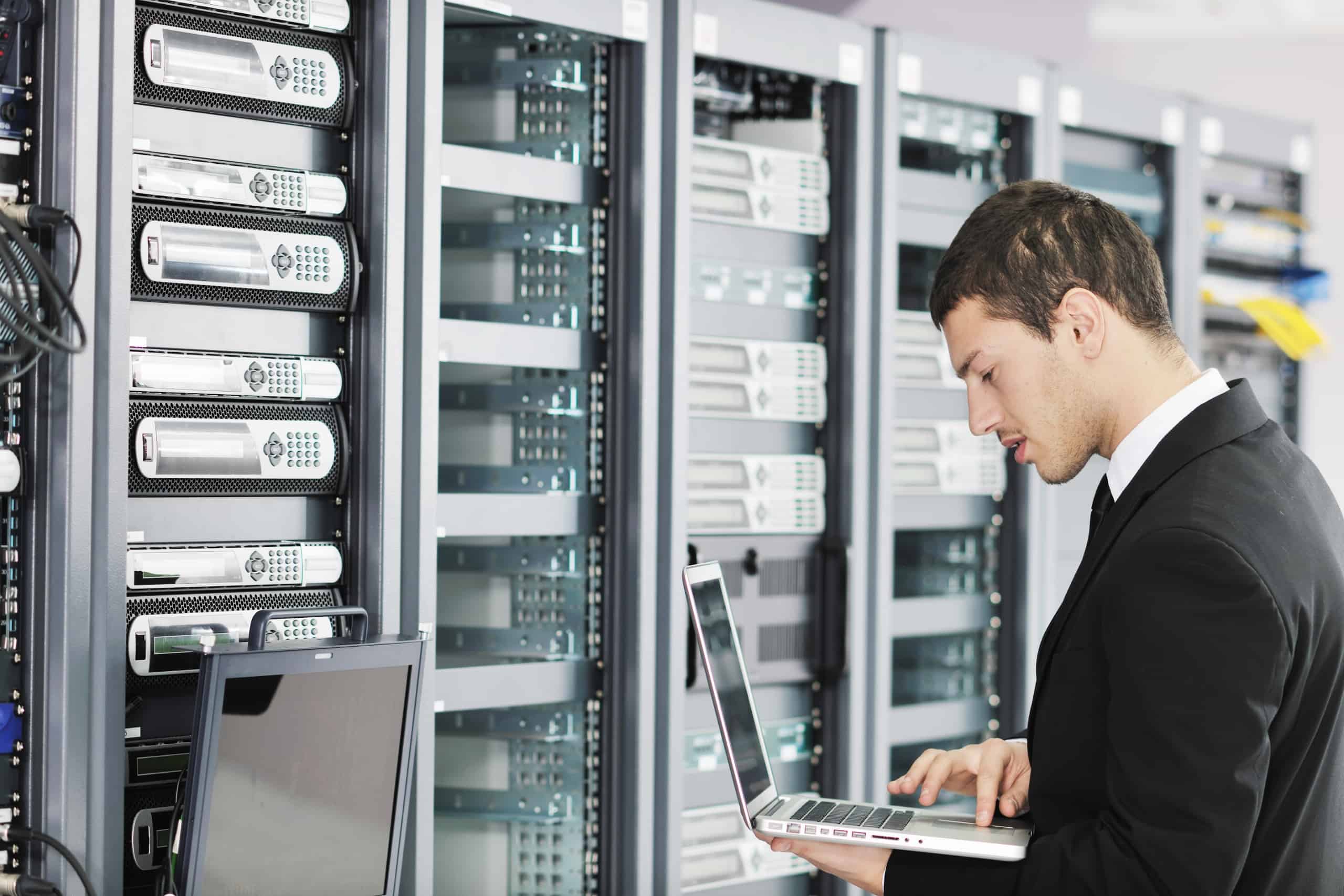 Man working in server room