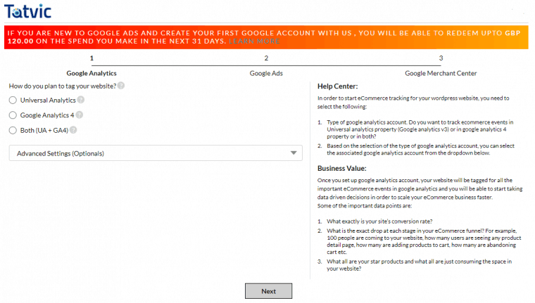 Enhanced Ecommerce Google Analytics Plugin for WooCommerce selecting type of Google Analytics account