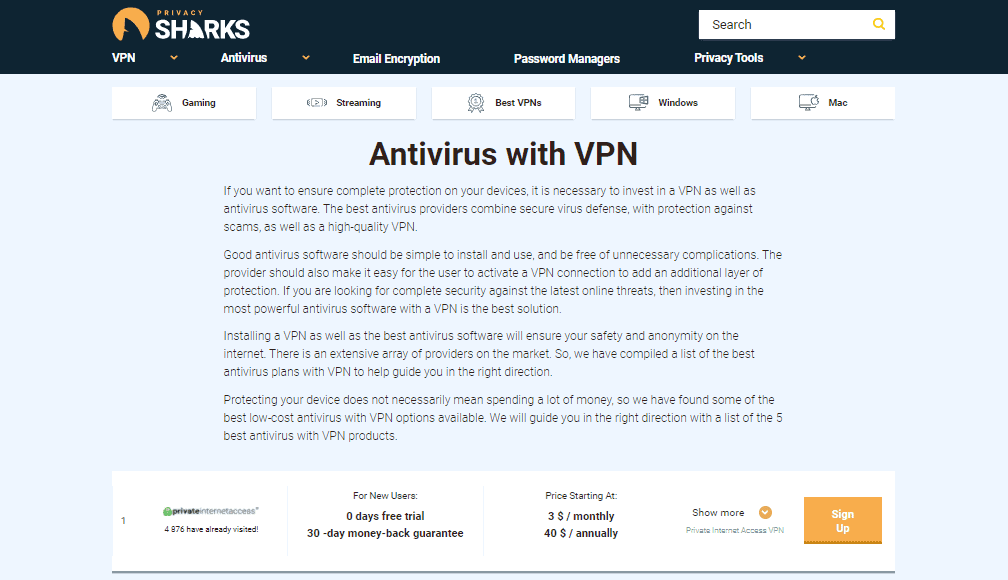 PrivacySharks antivirus with VPN page