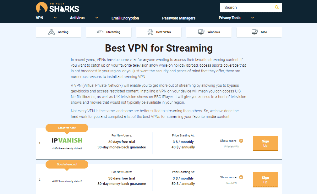 PrivacySharks best VPNs for streaming
