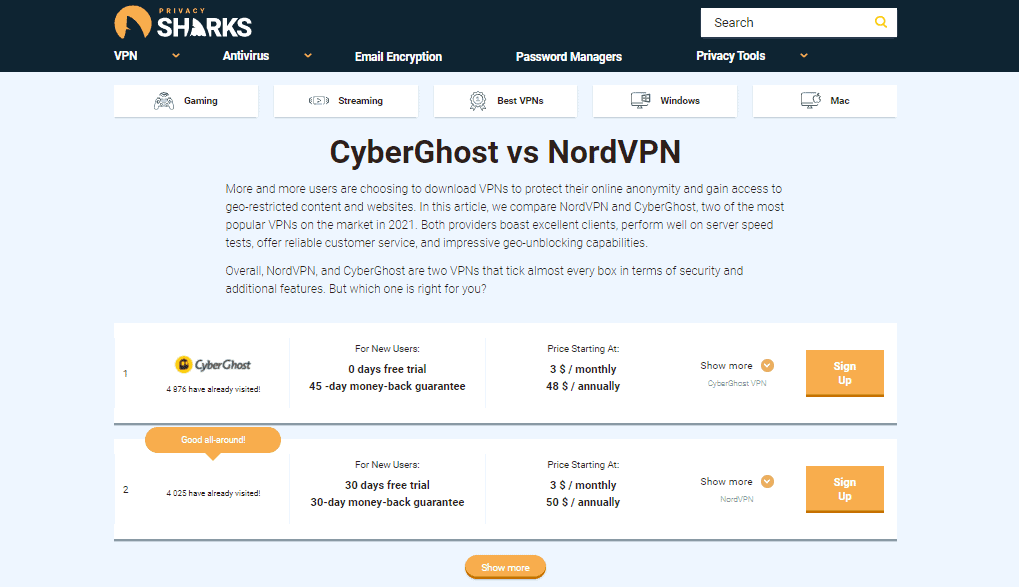 PrivacySharks CyberGhost vs NordVPN comparison 