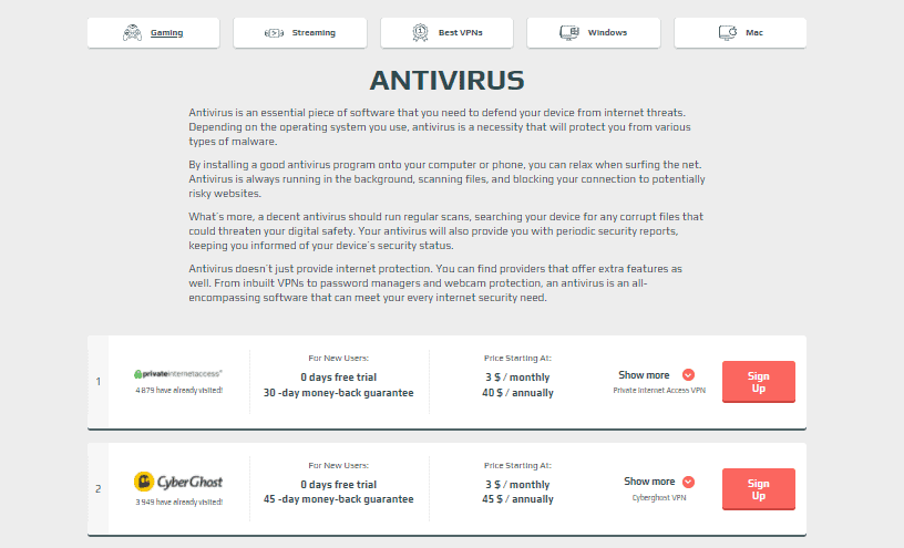 VPNSurfers Antivirus section