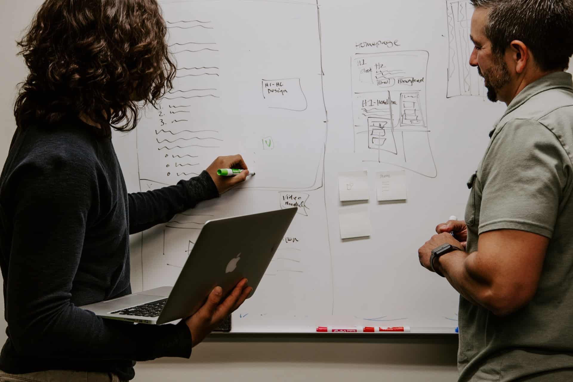 Two men planning on whiteboard