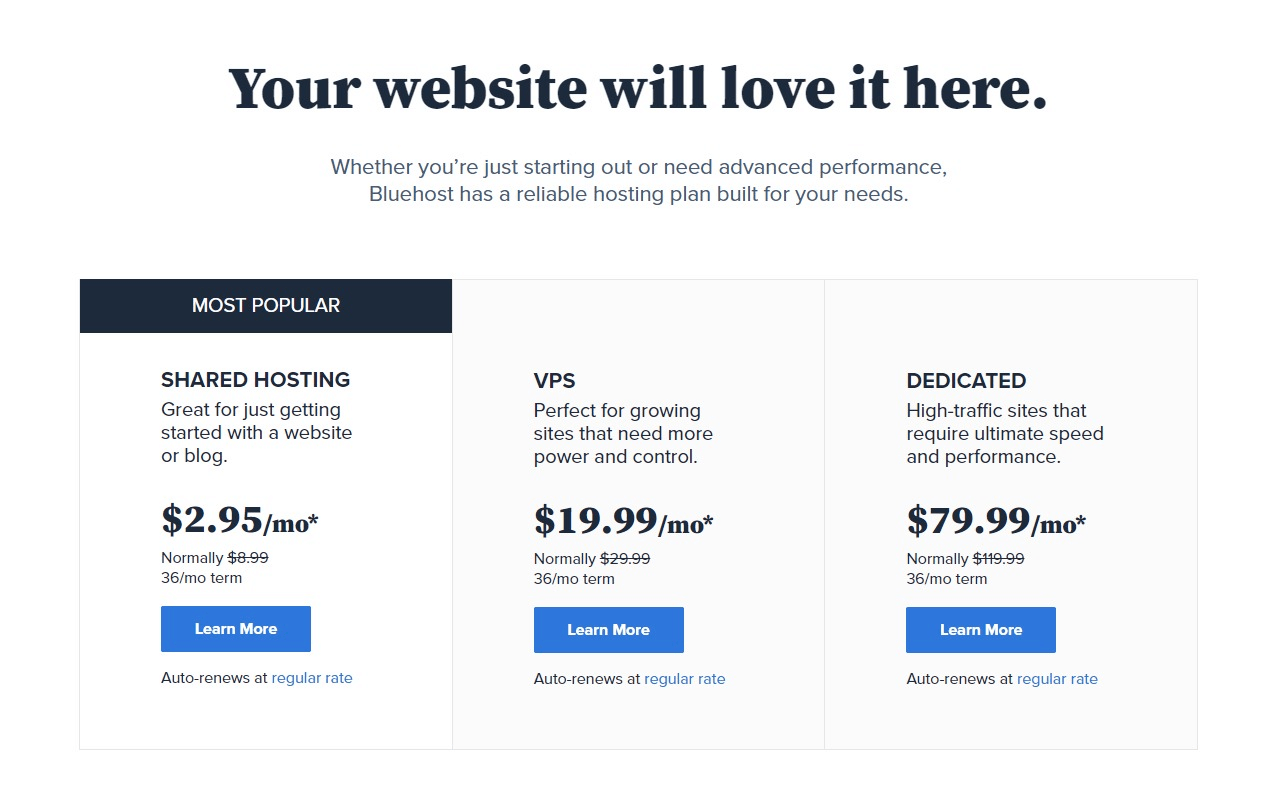 Bluehost Standard Hosting Plans