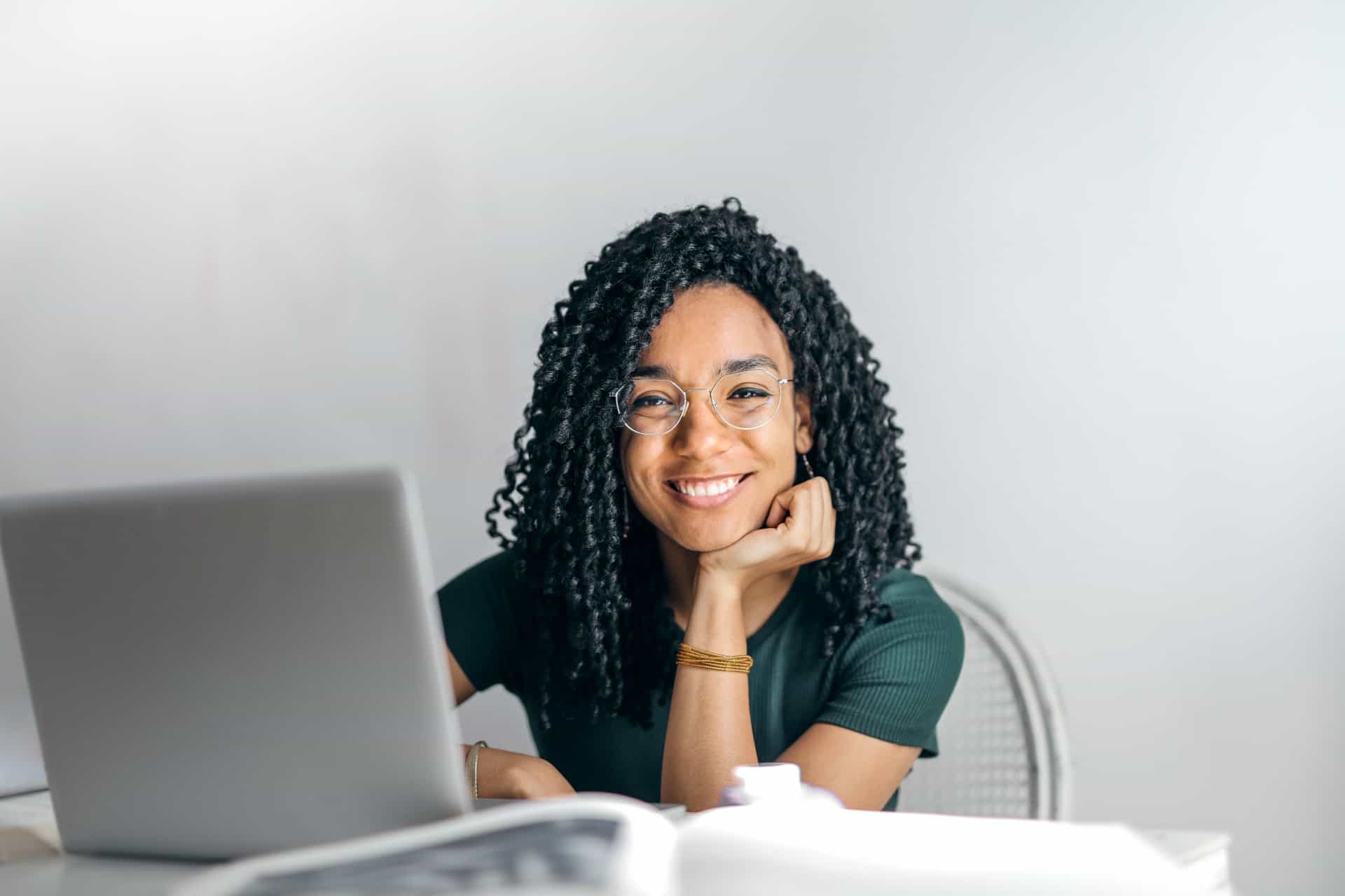 Woman smiling and working