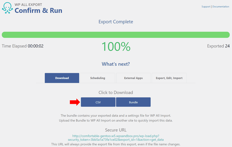 Confirm and run screen in WP All Export plugin
