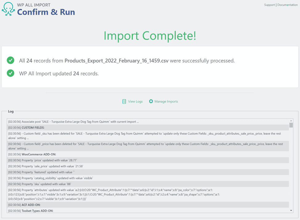 Confirmation screen in WP All Import plugin