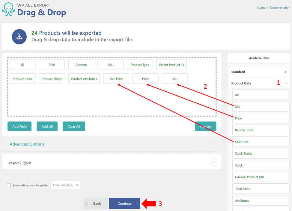 Drag and drop data option in WP All Export plugin