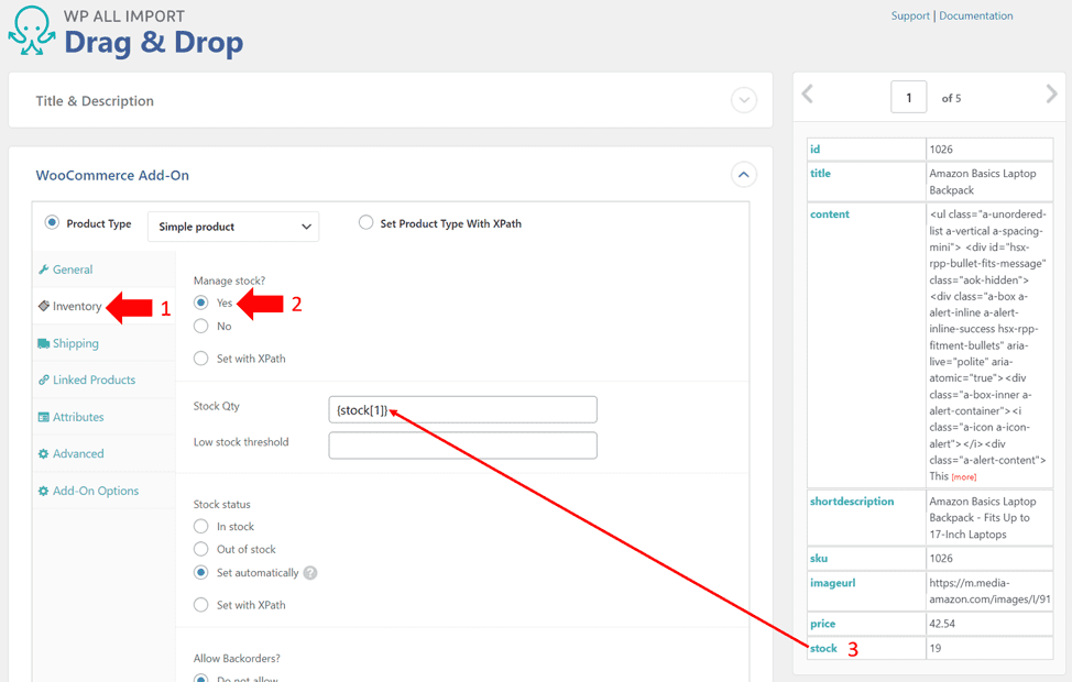 Drag and drop data option in WP All Import plugin - switching to the inventory tab