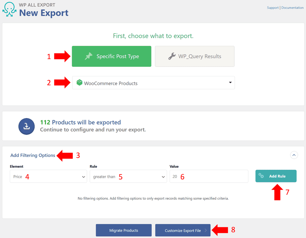 Export the product data option WP All Import plugin choosing what to export