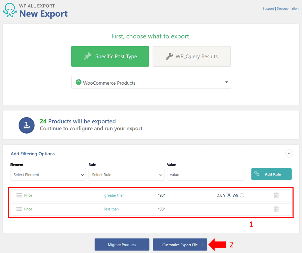 Export the product data option WP All Import plugin - customising export file