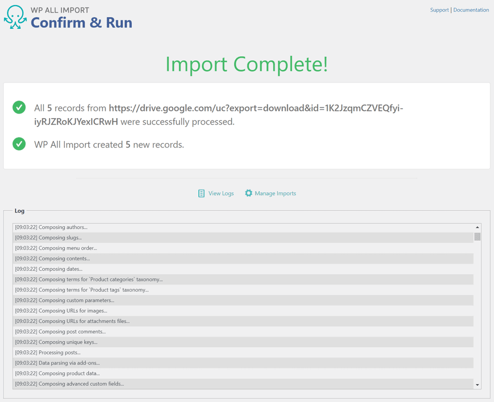 Import complete screen in WP All Import plugin 
