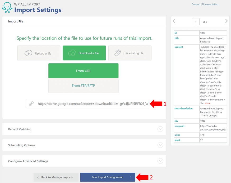 Import settings screen in WP All Import plugin - changing the import URL 