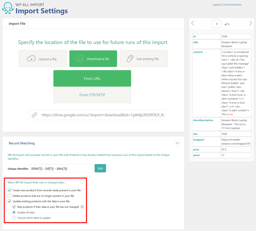 Import settings screen in WP All Import plugin - expanding the record matching section