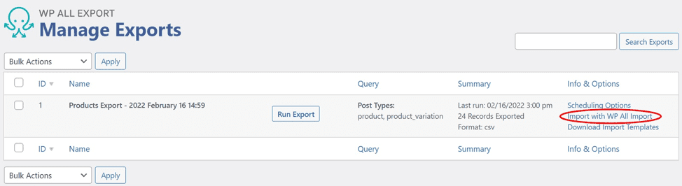 Manage exports option in WP All Export plugin - importing the changed spreadsheet