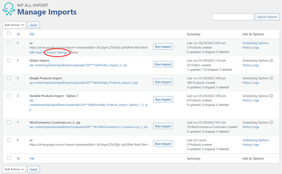 Managing imports option in WP All Import plugin 