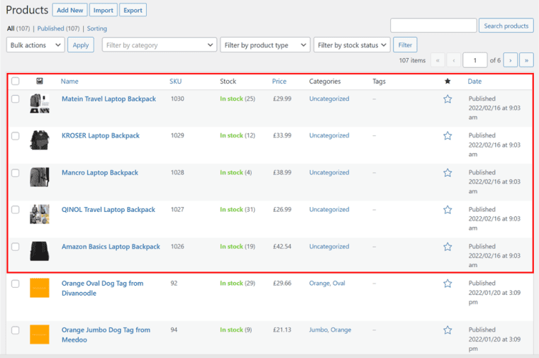 Products screen in WP All Import plugin