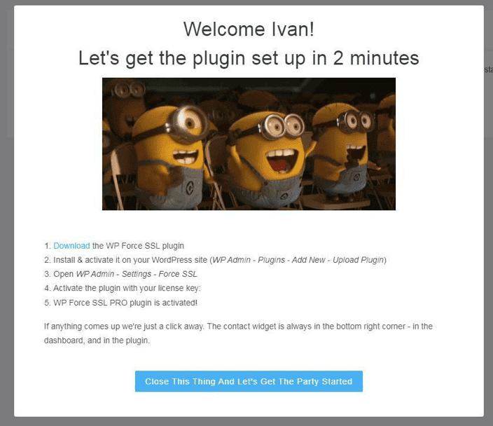 Welcome popup WP Force SSL plugin