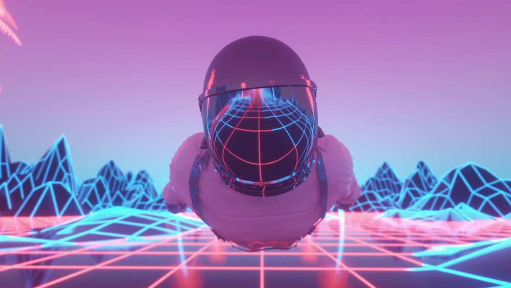3D astronaut surrounded by flashing neon lights